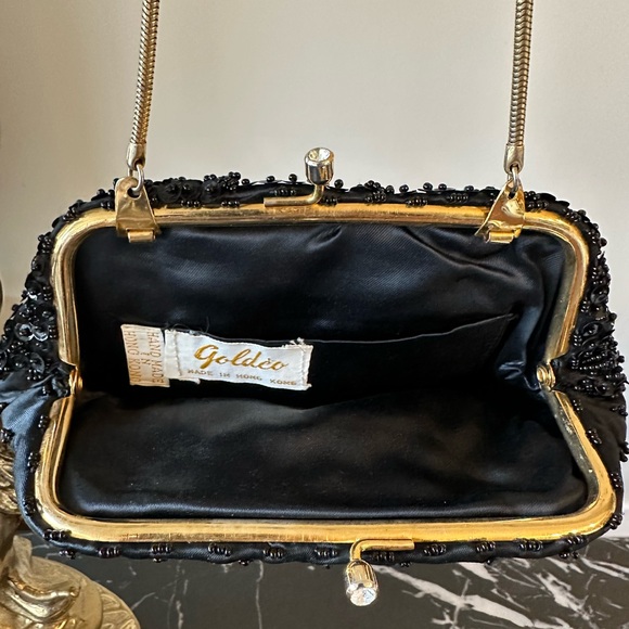 Vintage Black Beaded Clutch Handbag Sequence Gold Hardware Art Deco - Picture 6 of 10